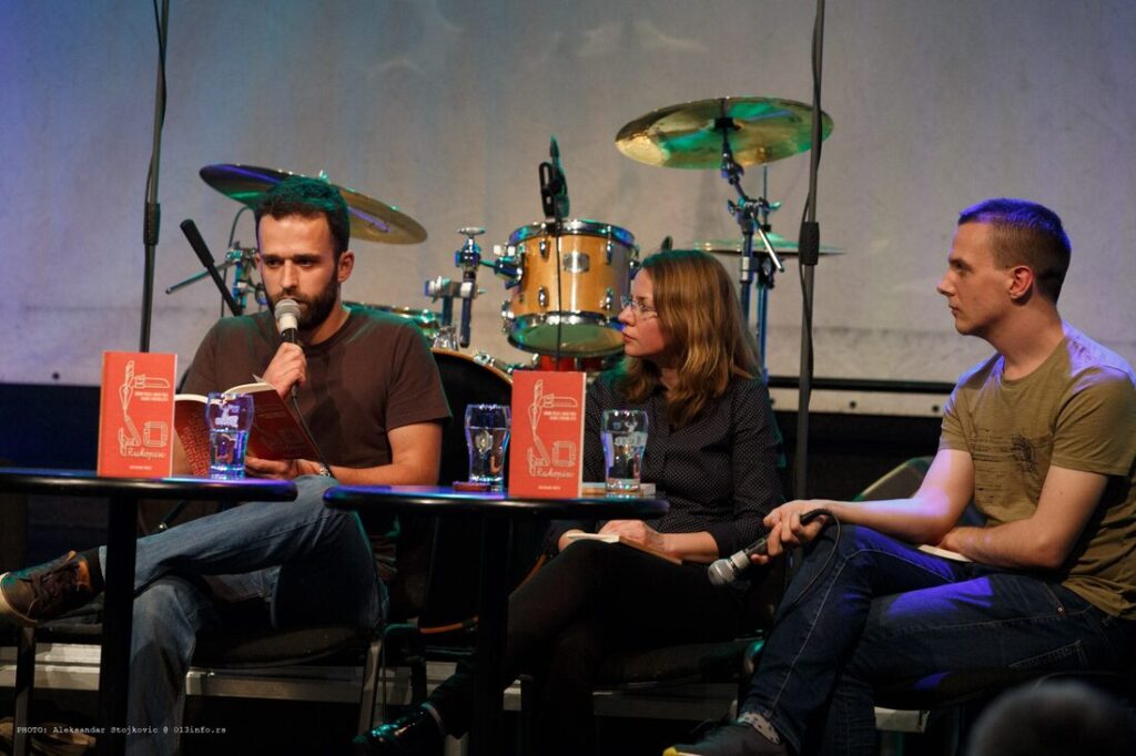 Detail from the festival Rukopisi (Manuskripts). Jasmina Topić, editor-in-chief and Srdjan Gagić, editor, during a talk with one of the authors, Pančevo, 2018